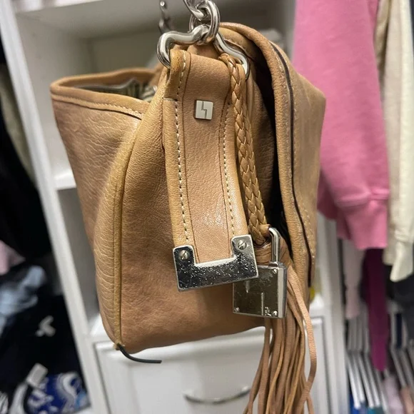 L.A.M.B. Brown Tan Leather Tassel Chain Strap Hobo Shoulder Bag Purse - Picture 8 of 9